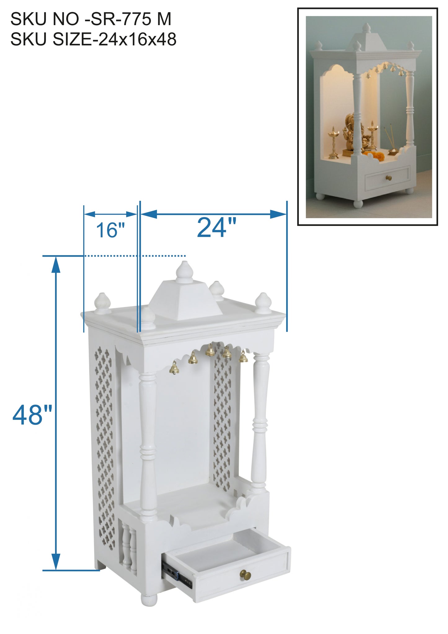 White Hand-Carved Solid Wood Mandir (SR775) – Premium Home Temple