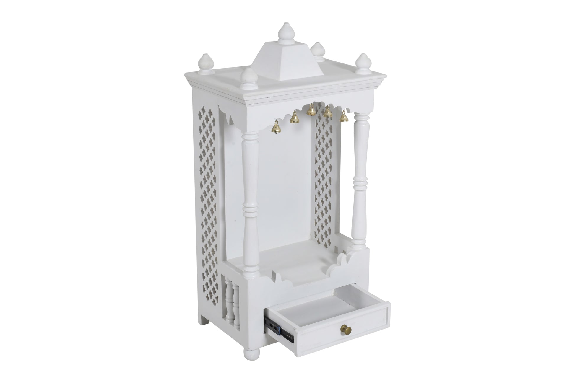 White wooden cabinet with decorative top and drawer on a white background